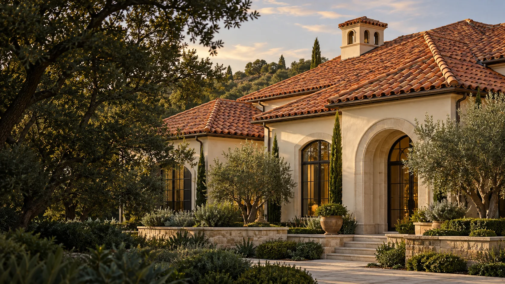 Terracotta barrel tile roof on an ivory Mediterranean-style home